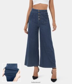 Halara נשים קסם כיסי כפתור גבוה מותן שטוף סריג נמתח קז'ואל ג'ינס רחב רגליים XX0PF1318 הַלבָּשָׁה ג'ינס כחול משמש