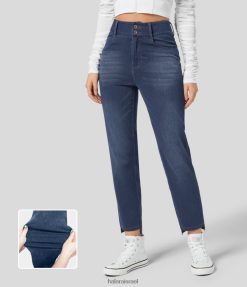 Halara נשים קסם כפתור מותן גבוה רוכסן כיסים מרובים רגליים ישרות שטוף ג'ינס קז'ואל סריג נמתח XX0PF1330 הַלבָּשָׁה ג'ינס כחול ג'ט