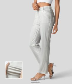 Halara נשים קסם עם מותניים מרובים כיסים רגליים ישרות סריג נמתח קז'ואל ג'ינס XX0PF1354 הַלבָּשָׁה ג'ינס לבן מלוכלך