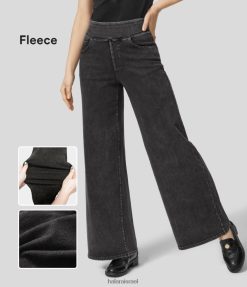 Halara נשים קסם עם מותניים מרובים כיסים רגליים ישרות סריג נמתח קז'ואל ג'ינס פליסה XX0PF1398 הַלבָּשָׁה ג'ינס מכובס שחור