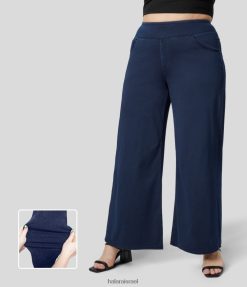 Halara נשים קסם עם מותניים מרובים כיסים רחבה רגל רפויה סריג נמתח קז'ואל ג'ינס במידות גדולות XX0PF2113 הַלבָּשָׁה ג'ינס מכובס כחול נייבי