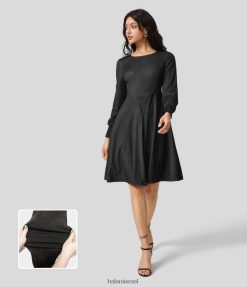 Halara נשים קסם צוואר עגול עם שרוולים ארוכים כיס צד מחוך משופשף מתלקח סריג נמתח ג'ינס שמלת עבודה מידי XX0PF1236 הַלבָּשָׁה ג'ינס מכובס שחור