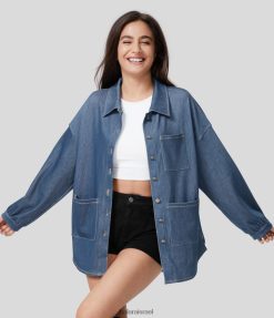 Halara נשים קסם צווארון כיסים מרובים כפתור קדמי מפוצל מכפלת מעוקלת נמתח סריג ג'ינס עבודה ז'קט אוברסייז XX0PF1372 הַלבָּשָׁה ג'ינס מכובס אגם כחול