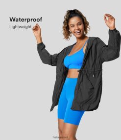 Halara נשים קפוצ'ון קל משקל עמיד למים מתכוונן שרוך מותן כיס מעוקל מכפלת רוכסן מעיל טיולים XX0PF2031 בגדים פעילים שָׁחוֹר