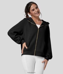 Halara נשים קפוצ'ון raglan בישופ שרוול רוכסן כיס קנגורו סווטשירט מזדמן XX0PF2004 הַלבָּשָׁה שָׁחוֹר