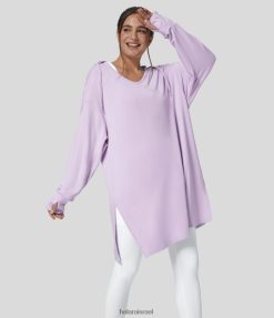 Halara נשים קפוצ'ון V צוואר שרוך חור אגודל מפוצל ארוך קו סווטשירט מזדמן XX0PF1982 הַלבָּשָׁה סגול ערפילי