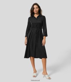 Halara נשים קשירת כפתור בצווארון קשירה קדמית עם שרוולים ארוכים, שמלת מידי קז'ואל XX0PF1233 הַלבָּשָׁה שָׁחוֹר