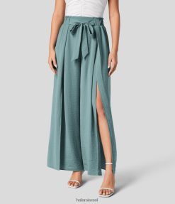 Halara נשים קשירת מותן גבוהה קדמית משופצת רגל רחבה מפוצלת מכנסיים מזדמנים פאלאצו XX0PF161 הַלבָּשָׁה ירוק טל בוקר