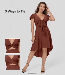 Halara נשים קשירת שרוולים קצרים עם צווארון V, גזרה קדמית ומאחור, שמלת מידי קז'ואל קז'ואל גבוהה ונמוכה XX0PF1168 הַלבָּשָׁה סניטר ברנדי