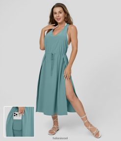 Halara נשים רוחב רוח צוואר V שרוולים ללא גב שרוך ללא גב מפוצל כיס צד 2 חלקים שוטף שמלת מידי קז'ואל מהיר יבש XX0PF1217 הַלבָּשָׁה כחול מינרלי