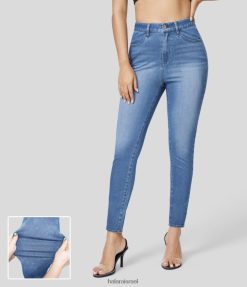 Halara נשים רוכסן כפתור מותן קסום כיסים מרובים שטופים ג'ינס קז'ואל סריג נמתח XX0PF1392 הַלבָּשָׁה כחול ג'ינס בהיר