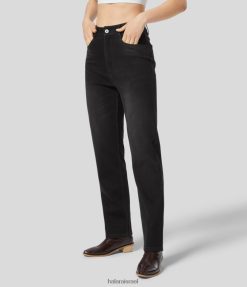 Halara נשים רוכסן כפתור מותן קסום כיסים מרובים רגליים ישרות משובצות צמר ג'ינס קז'ואל סריג נמתח XX0PF1400 הַלבָּשָׁה ג'ינס שחור