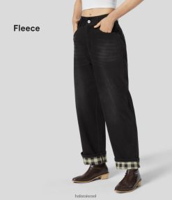 Halara נשים רוכסן כפתור מותן קסום כיסים מרובים רגליים ישרות משובץ צמר ג'ינס סריג נמתח קז'ואל בויפרנד ג'ינס XX0PF1313 הַלבָּשָׁה ג'ינס מכובס שחור