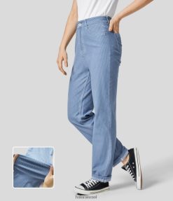 Halara נשים רוכסן כפתור מותן קסום כיסים מרובים רגל ישרה פסים שטופים ג'ינס קז'ואל סריג נמתח XX0PF1409 הַלבָּשָׁה מְקוֹרִי