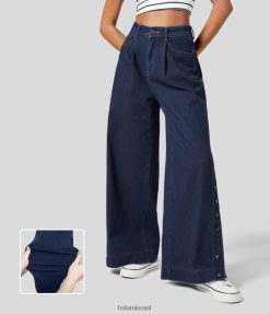 Halara נשים רוכסן כפתור מותן קסום משוכפל מרובים כיסים מפוצלים סריג נמתח קז'ואל ג'ינס רחב רגל באורך מלא XX0PF1340 הַלבָּשָׁה ג'ינס מים כחולים עמוקים