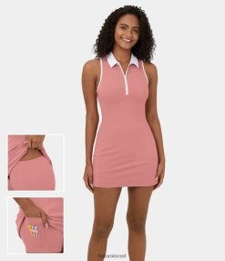 Halara נשים רוכסן צווארון בלוק צבעוני ללא שרוולים כיס מיני גולף 2 חלקים שמלה אקטיבית-כיס טי גולף XX0PF807 בגדים פעילים ורוד סוכריות