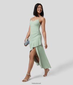 Halara נשים רצועה מתכווננת ללא גב מפוצלת מפוצלת שושבינה ושמלת אורחת מקסי XX0PF1166 הַלבָּשָׁה ירוק שעועית בהירה