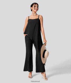 Halara נשים רצועה מתכווננת ללא גב רוכסן בלתי נראה כיס צד אסימטרי מכפלת זרימה סרבל נופש XX0PF2092 הַלבָּשָׁה שָׁחוֹר