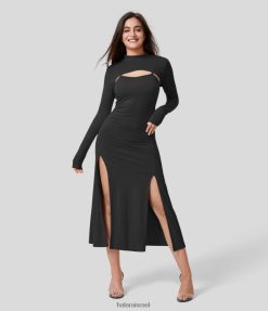 Halara נשים רצועה מתכווננת מפוצלת מכפלת מוצקה שמלת מידי קז'ואל וסט קצוץ עליון עם שרוולים ארוכים XX0PF1235 הַלבָּשָׁה מְקוֹרִי