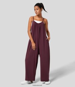 Halara נשים רצועה מתכווננת ספגטי משוכפלת כיס צדדי מוצק רגל רחבה קז'ואל סרבל משוחרר XX0PF2089 הַלבָּשָׁה ארגמן כהה