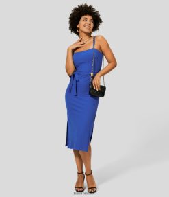 Halara נשים רצועה מתכווננת סריג מצולע חגורה ללא גב מכפלת מפוצלת bodycon midi קז'ואל XX0PF1114 הַלבָּשָׁה כחול בלי לילות