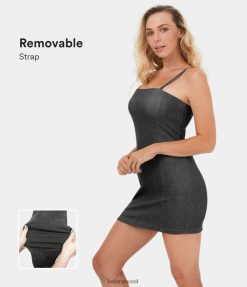 Halara נשים רצועה קסומה מתכווננת ונשלפת ללא גב bodycon נמתחת סריג ג'ינס מיני קז'ואל XX0PF1127 הַלבָּשָׁה ג'ינס מכובס שחור
