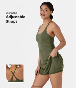 Halara נשים רצועות קטיפה מתכווננות softlyzero ללא גב שמלת יוגה אקטיבית 2 ב-1 כיס מתלקח XX0PF821 בגדים פעילים דשא אפור ירוק