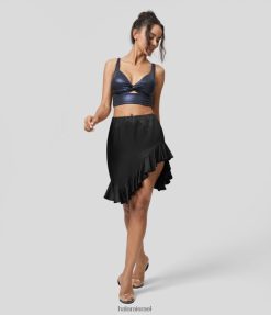 Halara נשים רצועת מותניים אלסטית בעליה בינונית אסימטרית מכפלת סלסולים מוצקה מיני סאטן דמוית מסיבה XX0PF690 הַלבָּשָׁה שָׁחוֹר