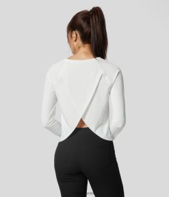 Halara נשים רשת קונטרסט מפוצלת מכפלת שרוול ארוך מגע מגניב יוגה ספורט טופ XX0PF1815 בגדים פעילים לבן