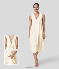 Halara נשים שמלת כותנה עם צווארון V ללא גב ללא גב ללא גב XX0PF1148 הַלבָּשָׁה קרח וניל