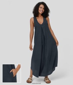 Halara נשים שמלת כותנה קז'ואל מקסי קז'ואלית עם צווארון ללא שרוולים XX0PF1207 הַלבָּשָׁה ליקוי חמה מוחלט