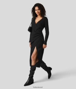 Halara נשים שמלת מידי כותנה קז'ואלית עם צווארון V צווארון משופשף בשוליים מפוצלים XX0PF1237 הַלבָּשָׁה שָׁחוֹר