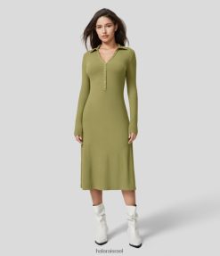 Halara נשים שמלת מידי קז'ואלית עם כפתור צווארון הנלי עם שרוולים ארוכים XX0PF1169 הַלבָּשָׁה זית ירוק
