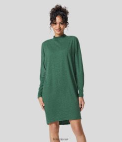 Halara נשים שמלת מיני טרקלין עם צווארון מדומה XX0PF1016 הַלבָּשָׁה חוט פרחוני ירוק כהה