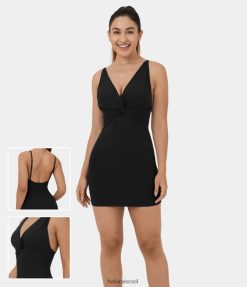 Halara נשים שמלת מיני קז'ואל מעוותת עם צווארון V עמוק ללא גב ללא גב XX0PF1037 הַלבָּשָׁה שָׁחוֹר