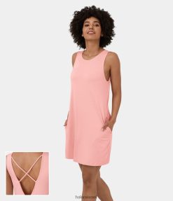 Halara נשים שמלת מיני קז'ואל עם צווארון עגול ללא גב ללא גב XX0PF1012 הַלבָּשָׁה רוזטה חיוורת