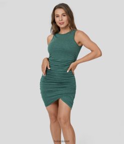 Halara נשים שמלת מיני קז'ואל עם צווארון עגול ללא שרוולים מוצלבת מוצלבת XX0PF1070 הַלבָּשָׁה חוט פרחוני ירוק כהה