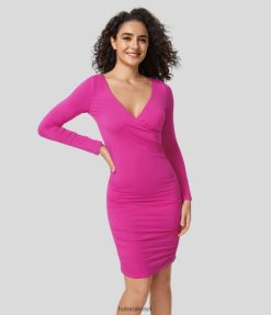 Halara נשים שמלת מיני קז'ואל עם צווארון V עמוק עם שרוולים ארוכים משופשפים XX0PF1020 הַלבָּשָׁה פדורה פוקסיה