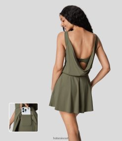 Halara נשים שמלת מיני ריקוד אקטיבית עם כיס 2 ב-1 ללא גב XX0PF801 בגדים פעילים ירוק קמל