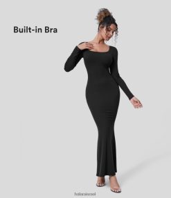 Halara נשים שמלת מסיבות מקסי בעלת שרוולים ארוכים בצוואר U מצולע XX0PF1110 הַלבָּשָׁה שָׁחוֹר