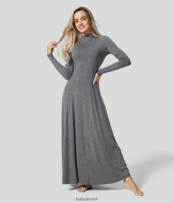 Halara נשים שמלת מקסי קז'ואל עם צוואר משפך עם שרוול ארוך XX0PF1177 הַלבָּשָׁה חוט פרחוני אפור דרל