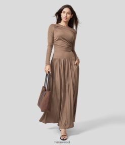 Halara נשים שמלת מקסי קז'ואלית עם צווארון סירה מצולע בכיס צד מחופף XX0PF1149 הַלבָּשָׁה פרוות בונה