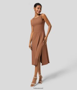 Halara נשים שמלת נופש midi מפוצלת עם צווארון סירה ללא שרוולים XX0PF1252 הַלבָּשָׁה אדום חלודה