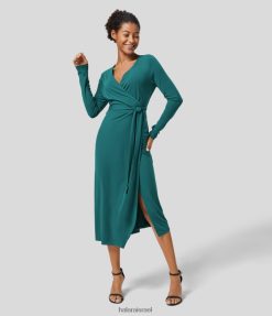 Halara נשים שמלת עבודה לעטוף מידי בצווארון V XX0PF1193 הַלבָּשָׁה ירוק טורקיז