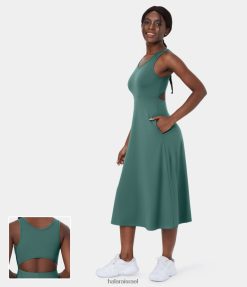 Halara נשים שמלת קז'ואל מידית בגזרת כיס צד בצוואר V XX0PF1181 הַלבָּשָׁה אשוח כחול