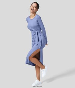 Halara נשים שמלת קז'ואל עם צווארון עגול עם שרוול ארוך מפוצלת XX0PF1121 הַלבָּשָׁה ג'ינס מולבן