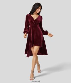 Halara נשים שמלת קז'ואל קז'ואלית של קטיפה עם צווארון V מרופד שרוולים בישוף משופשפים XX0PF1213 הַלבָּשָׁה סנגריה