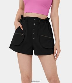 Halara נשים שקית נייר במותן גבוהה מותניים מתכוונן כבל שרוך רוכסן כיס בצד כפתור מפוצל מכנסי מטען מזדמנים 2 אינץ' XX0PF280 בגדים פעילים שָׁחוֹר