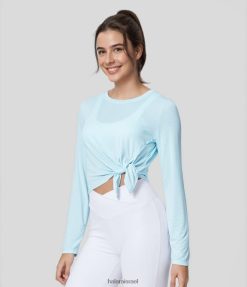 Halara נשים שרוול ארוך שקוף א-סימטרי מכפלת מפוצלת אקארד קצוץ ספורט קז'ואל XX0PF1870 בגדים פעילים מגלשת מים מלוחים