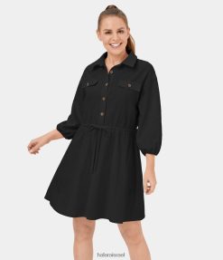 Halara נשים שרוול בישוף צווארון כפתור שרוך מיני שמלת כותנה קז'ואל XX0PF1072 הַלבָּשָׁה מְקוֹרִי